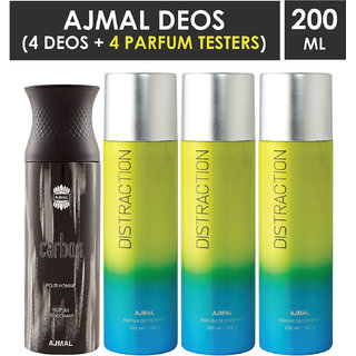 Ajmal 1 Carbon For Men And 3 Distraction For Men & Women High Quality Deodorants Each 200Ml Combo Pack Of 4 (Total 800Ml) 2 Parfum Testers Perfume Body Spray  -  For Men & Women (800 Ml, Pack Of 4)