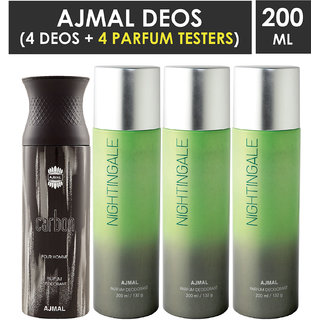                       Ajmal 1 Carbon And 3 Nightingale Deodorants Each 200Ml Pack Of 4+2 Parfum Testers (4 Items In The Set)                                              