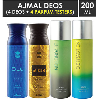                       Ajmal 1 Blu Homme ,1 Aurum Femme ,1 Nightingale And 1 Distraction Deodorants Each 200Ml Pack Of 4+4 Parfum Testers (4 Items In The Set)                                              