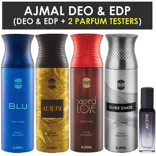 Ajmal Blu & Aurum & Sacred Love & Silver Shade Deo Each 200Ml & Ascend Edp 20Ml Pack Of 4 (Total 820Ml) For Men & Women + 2 Parfum Testers Ajmal Blu & Aurum & Sacred Love & Silver Shade Deo Each 200Ml & Ascend Edp 20Ml Pack Of 4 (Total 820Ml) For Men & Women + 2 Parfum Testers