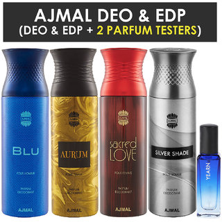 Ajmal Blu & Aurum & Sacred Love & Silver Shade Deo Each 200Ml & Yearn  Edp 20Ml Pack Of 4 (Total 820Ml) For Men & Women + 2 Parfum Testers