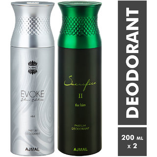Ajmal Evokesilverhim & Sacrifice Ii Him Deodorants + 2 Testers Deodorant Spray  -  For Men (400 Ml, Pack Of 2)