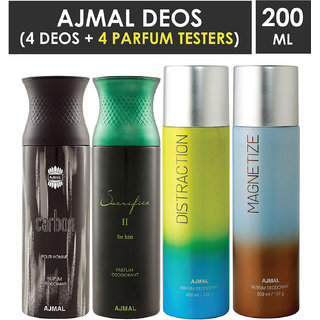 Ajmal 1 Carbon Homme ,1 Sacrifice Ii ,1 Distraction And 1 Magnetize Deodorants Each 200Ml Pack Of 4+4 Parfum Testers (4 Items In The Set)