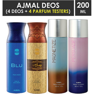 Ajmal 1 Blu Homme ,1 Wisal Dhahab ,1 Magnetize And 1 Persuade Deodorants Each 200Ml Pack Of 4+4 Parfum Testers Deodorant Spray  -  For Men & Women (800 Ml, Pack Of 4)