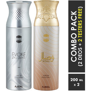                       Ajmal Evoke & Wisal Deodorant Spray + 2 Testers Deodorant Spray  -  For Men & Women (200 Ml, Pack Of 2)                                              