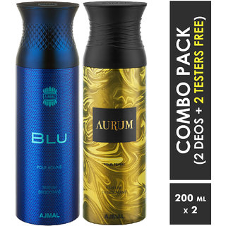                       Ajmal Blu & Aurum Deodorants + 2 Testers Deodorant Spray  -  For Men & Women (400 Ml, Pack Of 2)                                              