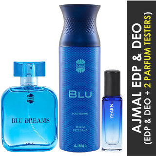                       Ajmal Blu Dreams Edp 100Ml And Blu Deo 200Ml & Yearn  Edp 20Ml Pack Of 3 (Total 320Ml) For Men & Women + 2 Parfum Testers                                              