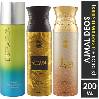                       Ajmal 1 Distraction , 1 Aurum And 1 Wisal Deodorants For Unisex Each 200Ml Pack Of 3. (3 Items In The Set)                                              