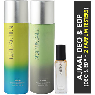                       Ajmal Distraction & Nightingale Deo Each 200Ml & Aretha Edp 20Ml Pack Of 3 (Total 420Ml) For Men & Women + 2 Parfum Testers                                              