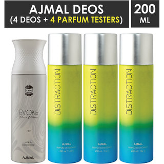                       Ajmal 1 Evoke Silver Edition And 3 Distraction Deodorants Each 200Ml Pack Of 4+2 Parfum Testers (4 Items In The Set)                                              