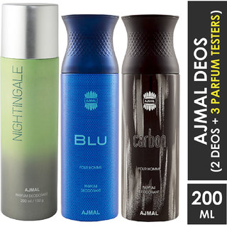                       Ajmal 1 Nightingale , 1 Blu And 1 Carbon Deodorants For Unisex Each 200Ml Pack Of 3+4 Parfum Testers Deodorant Spray  -  For Men & Women (600 Ml, Pack Of 3)                                              