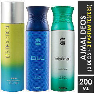 Ajmal 1 Distraction , 1 Blu And 1 Raindrops Deodorants For Unisex Each 200Ml Pack Of 3. (3 Items In The Set)