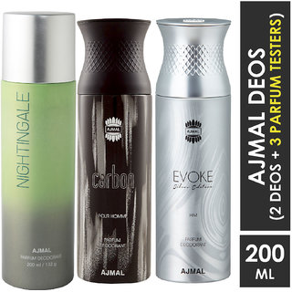                       Ajmal 1 Nightingale For Men & Women, 1 Carbon For Men And 1 Evoke Silver Edition For Him For Men High Quality Deodorants Each 200Ml Combo Pack Of 3 (Total 600Ml) 2 Parfum Testers Perfume Body Spray  -  For Men & Women (600 Ml, Pack Of 3)                                              