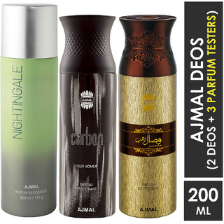                       Ajmal 1 Nightingale For Men & Women, 1 Carbon For Men And 1 Wisal Dhahab For Men High Quality Deodorants Each 200Ml Combo Pack Of 3 (Total 600Ml) 2 Parfum Testers Perfume Body Spray  -  For Men & Women (600 Ml, Pack Of 3)                                              