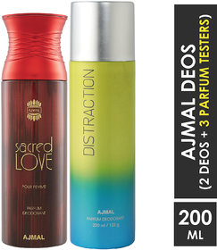 Ajmal Sacred Love For Women And Distraction For Men & Women High Quality Deodorants Each 200Ml Combo Pack Of 2 (Total 400Ml) 2 Parfum Testers Perfume Body Spray  -  For Men & Women (400 Ml, Pack Of 2)