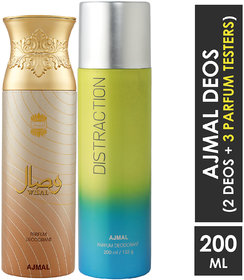 Ajmal Wisal For Women And Distraction For Unisex Deodorants Each 200Ml Combo Pack Of 2 (Total 400Ml) + 3 Parfum Testers (2 Items In The Set)