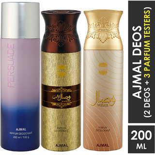 Ajmal 1 Persuade , 1 Wisal Dhahab And 1 Wisal Deodorants For Unisex Each 200Ml Pack Of 3+2 Parfum Testers (3 Items In The Set)