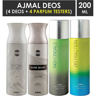                       Ajmal 1 Evoke Silver Edition ,1 Silver Shade Homme ,1 Nightingale And 1 Distraction Deodorants Each 200Ml Pack Of 4+2 Parfum Tester (4 Items In The Set)                                              