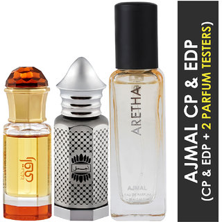                       Ajmal Mukhallat Raaqi Cp 10Ml And Asher Cp 12Ml & Aretha Edp 20Ml Pack Of 3 (Total 42Ml) For Men & Women + 2 Parfum Testers                                              