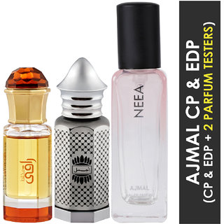                       Ajmal Mukhallat Raaqi Cp 10Ml And Asher Cp 12Ml & Neea Edp 20Ml Pack Of 3 (Total 42Ml) For Men & Women + 2 Parfum Testers                                              