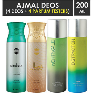                       Ajmal 1 Raindrops Femme ,1 Wisal ,1 Nightingale And 1 Distraction Deodorants Each 200Ml Pack Of 4. (4 Items In The Set)                                              