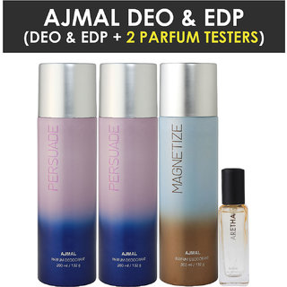 Ajmal 2 Persuade & Magnetize Deo Each 200Ml & Aretha Edp 20Ml Pack Of 3 (Total 620Ml) For Men & Women + 2 Parfum Testers