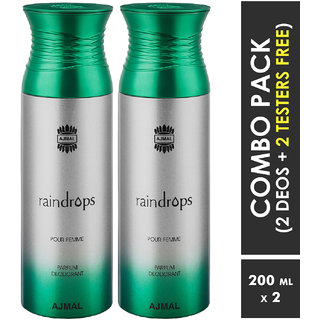                       Ajmal Raindrops & Raindrops Deodorants + 2 Testers Deodorant Spray  -  For Women (400 Ml, Pack Of 2)                                              