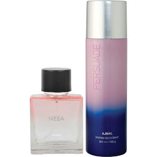Ajmal Neea Edp For Women 100Ml & Persuade High Quality Deodorant For Men & Women 200Ml Combo Pack Of 2 (Total 300Ml) + 4 Parfum Testers (2 Items In The Set)