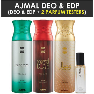                       Ajmal Sacred Love & Raindrops & Wisal Deo Each 200Ml & Aretha Edp 20Ml Pack Of 3 (Total 620Ml) For Men & Women + 2 Parfum Testers                                              