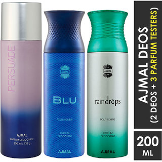 Ajmal 1 Persuade , 1 Blu And 1 Raindrops Deodorants For Unisex Each 200Ml Pack Of 3+2 Parfum Testers (3 Items In The Set)