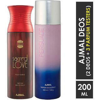 Ajmal Sacred Love For Women And Persuade For Unisex Deodorants Each 200Ml Combo Pack Of 2 (Total 400Ml) + 3 Parfum Testers (2 Items In The Set)