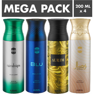                       Ajmal Raindrops & Blu & Aurum & Wisal Deodorant Spray + 4 Testers Deodorant Spray  -  For Men & Women (200 Ml, Pack Of 4)                                              