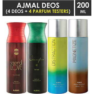 Ajmal 1 Sacred Love ,1 Sacrifice Ii ,1 Distraction And 1 Magnetize Deodorants Each 200Ml Pack Of 4+2 Parfum Testers (4 Items In The Set)