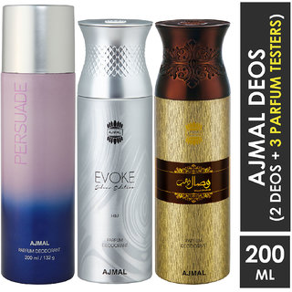 Ajmal 1 Persuade , 1 Evoke Silver Edition And 1 Wisal Dhahab Deodorants For Unisex Each 200Ml Pack Of 3+4 Parfum Testers Deodorant Spray  -  For Men & Women (600 Ml, Pack Of 3)