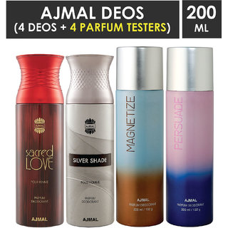 Ajmal 1 Sacred Love For Women, 1 Silver Shade For Men, 1 Magnetize And 1 Persuade For Men & Women High Quality Deodorants Each 200Ml Combo Pack Of 4 (Total 800Ml) 2 Parfum Testers Perfume Body Spray  -  For Men & Women (800 Ml, Pack Of 4)