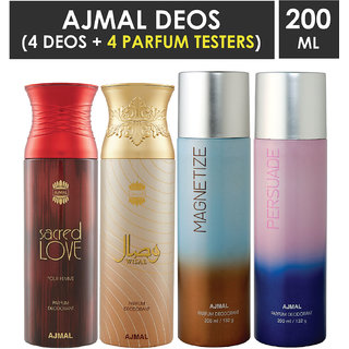 Ajmal 1 Sacred Love ,1 Wisal ,1 Magnetize And 1 Persuade Deodorants Each 200Ml Pack Of 4+2 Parfum Testers (4 Items In The Set)