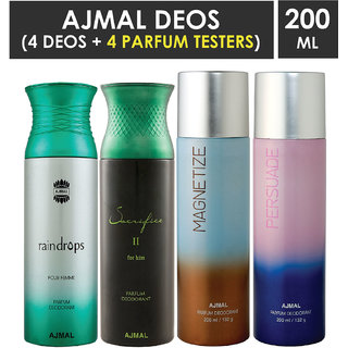 Ajmal 1 Raindrops Femme ,1 Sacrifice Ii ,1 Magnetize And 1 Persuade Deodorants Each 200Ml Pack Of 4+4 Parfum Testers (4 Items In The Set)