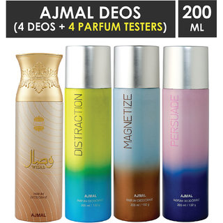 Ajmal 1 Wisal ,1 Distraction,1 Magnetize And 1 Persuade Deodorants Each 200Ml Pack Of 4. (4 Items In The Set)