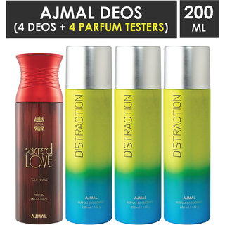 Ajmal 1 Sacred Love And 3 Distraction Deodorants Each 200Ml Pack Of 4+4 Parfum Testers Deodorant Spray  -  For Men & Women (800 Ml, Pack Of 4)