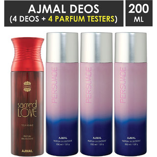 Ajmal 1 Sacred Love For Women And 3 Persuade For Men & Women High Quality Deodorants Each 200Ml Combo Pack Of 4 (Total 800Ml) 2 Parfum Testers Perfume Body Spray  -  For Men & Women (800 Ml, Pack Of 4)
