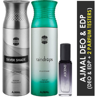 Ajmal Silver Shade & Raindrops Deo Each 200Ml & Ascend Edp 20Ml Pack Of 3 (Total 420Ml) For Men & Women + 2 Parfum Testers Ajmal Silver Shade & Raindrops Deo Each 200Ml & Ascend Edp 20Ml Pack Of 3 (Total 420Ml) For Men & Women + 2 Parfum Testers