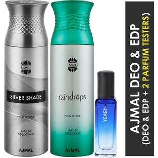                       Ajmal Silver Shade & Raindrops Deo Each 200Ml & Yearn  Edp 20Ml Pack Of 3 (Total 420Ml) For Men & Women + 2 Parfum Testers                                              