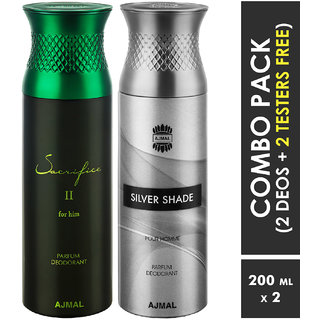 Ajmal Sacrifice Ii Him & Silvershade Deodorants + 2 Testers Deodorant Spray  -  For Men (400 Ml, Pack Of 2)