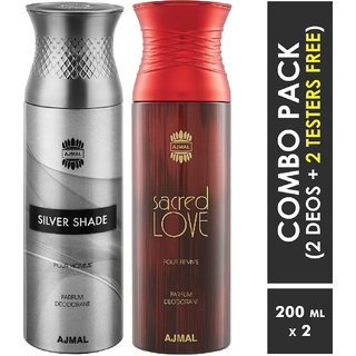 Ajmal Silver Shade & Sacred Love Deodorant Spray + 2 Testers Deodorant Spray  -  For Men & Women (200 Ml, Pack Of 2)