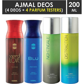                       Ajmal 1 Sacred Love For Women, 1 Blu Homme For Men, 1 Nightingale And 1 Distraction For Men & Women High Quality Deodorants Each 200Ml Combo Pack Of 4 (Total 800Ml) 2 Parfum Testers Perfume Body Spray  -  For Men & Women (800 Ml, Pack Of 4)                                              