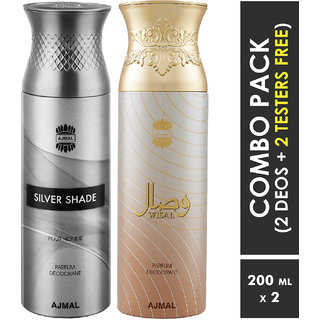                       Ajmal Silver Shade & Wisal Deodorant Spray + 2 Testers Deodorant Spray  -  For Men & Women (200 Ml, Pack Of 2)                                              