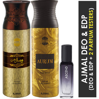                       Ajmal Wisal Dhahab & Aurum Deo Each 200Ml & Ascend  Edp 20Ml Pack Of 3 (Total 420Ml) For Men & Women + 2 Parfum Testers                                              
