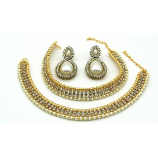 Fancy Pearl Earring with Golden stone Anklet combo set Fancy Pearl Earring with Golden stone Anklet combo set