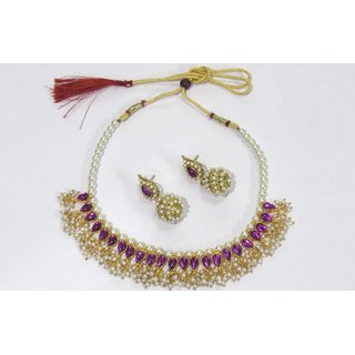                       Purple Kundan Pearl Gota Necklace Set                                              