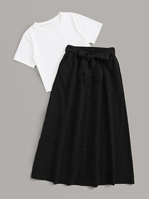 Elizy Women White T-Shirts And Black Skirts Combo